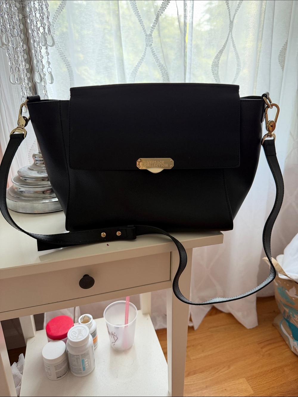 Versace Collection Black Leather Crossbody with Gold-Tone Plaque